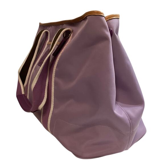 Coach Hamptons nylon tote bag purple striped and tan leather trim. - Picture 3 of 7